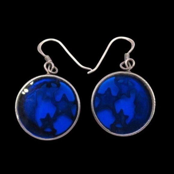 Sterling Silver Celestial Half Moon and Stars Blue Glass Pierced Earrings - Picture 9 of 12